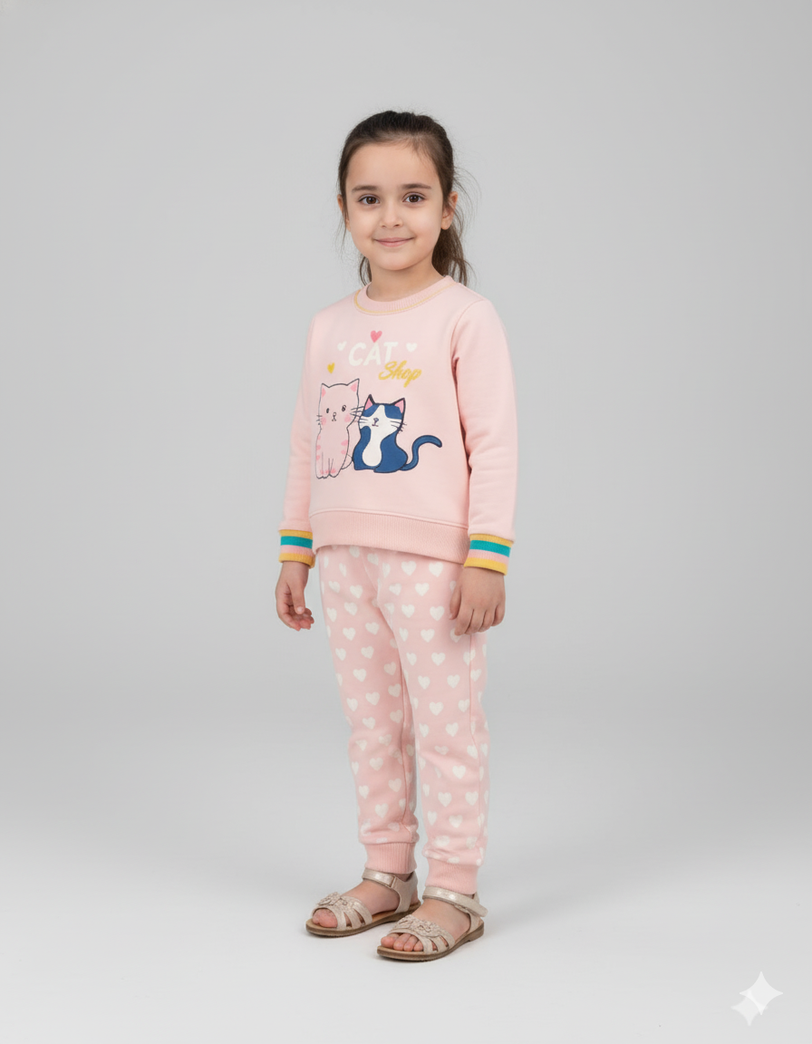 Girls Cat Print Winter Tracksuit