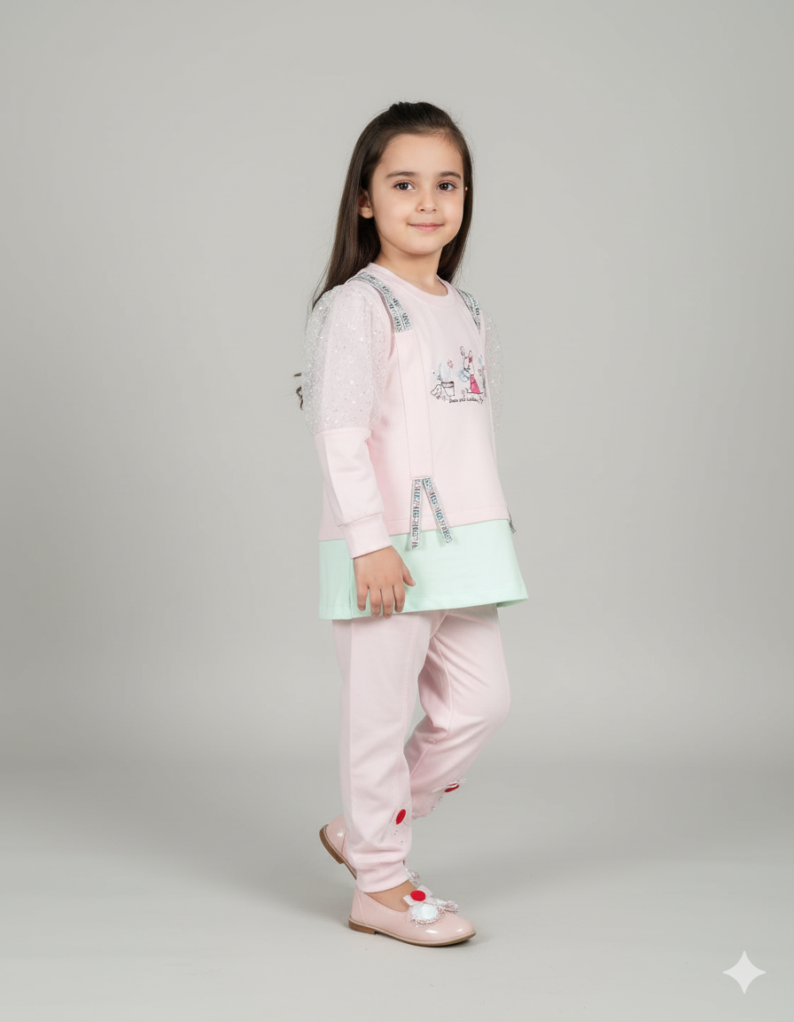 Cute Bunny Print Outfit with Net Puff Sleeves | Girls Pink pre-winter trendy Set