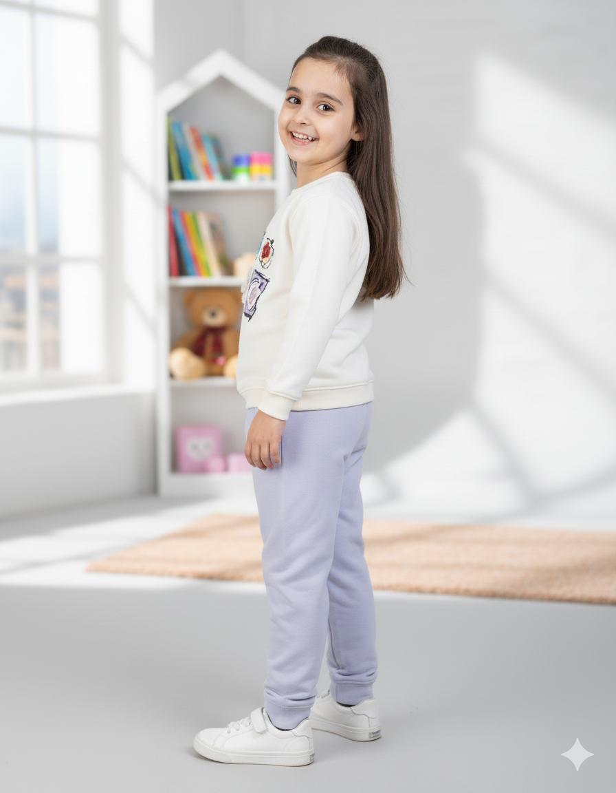 Cute Snacks Print Baby Girl Winter Tracksuit – Cream & Lavender Two-Piece Outfit