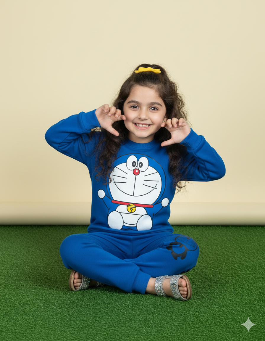 Doraemon Printed Kids Winter Sweatshirt & Trouser Set – Warm Fleece Outfit (Blue Color)