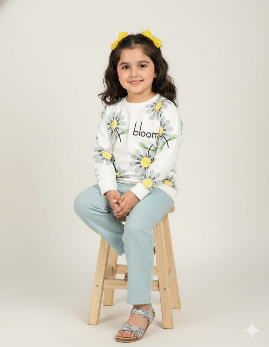 Bloom Daisy Print Sweatshirt & Pant Set for Girls | Soft Cotton Winter Outfit