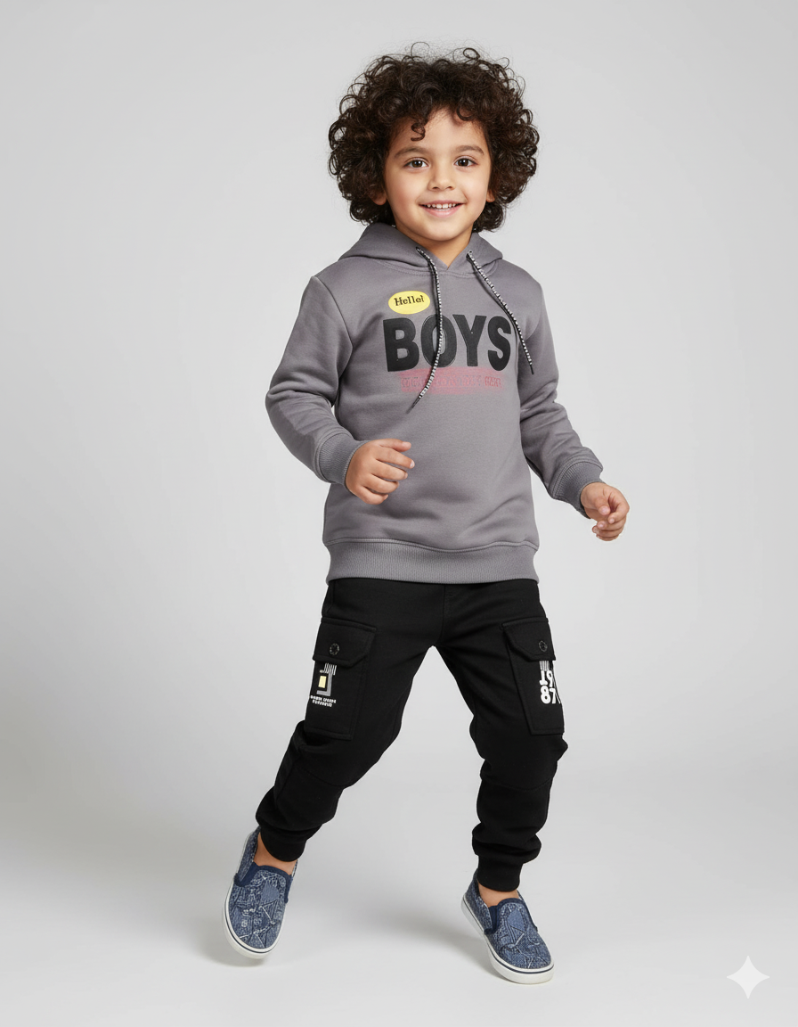 Hello Boys Winter Tracksuit for Kids Warm Fleece Hoodie Set | Trendy Boys’ Winter Outfit
