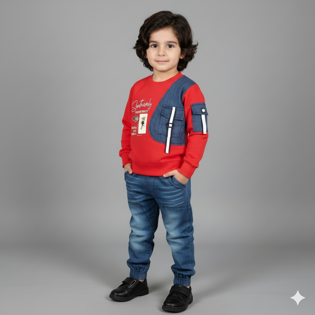 Boys Red Pre-Winter Shirt & Blue Denim Set | Stylish Winter Outfit with Graphic Print