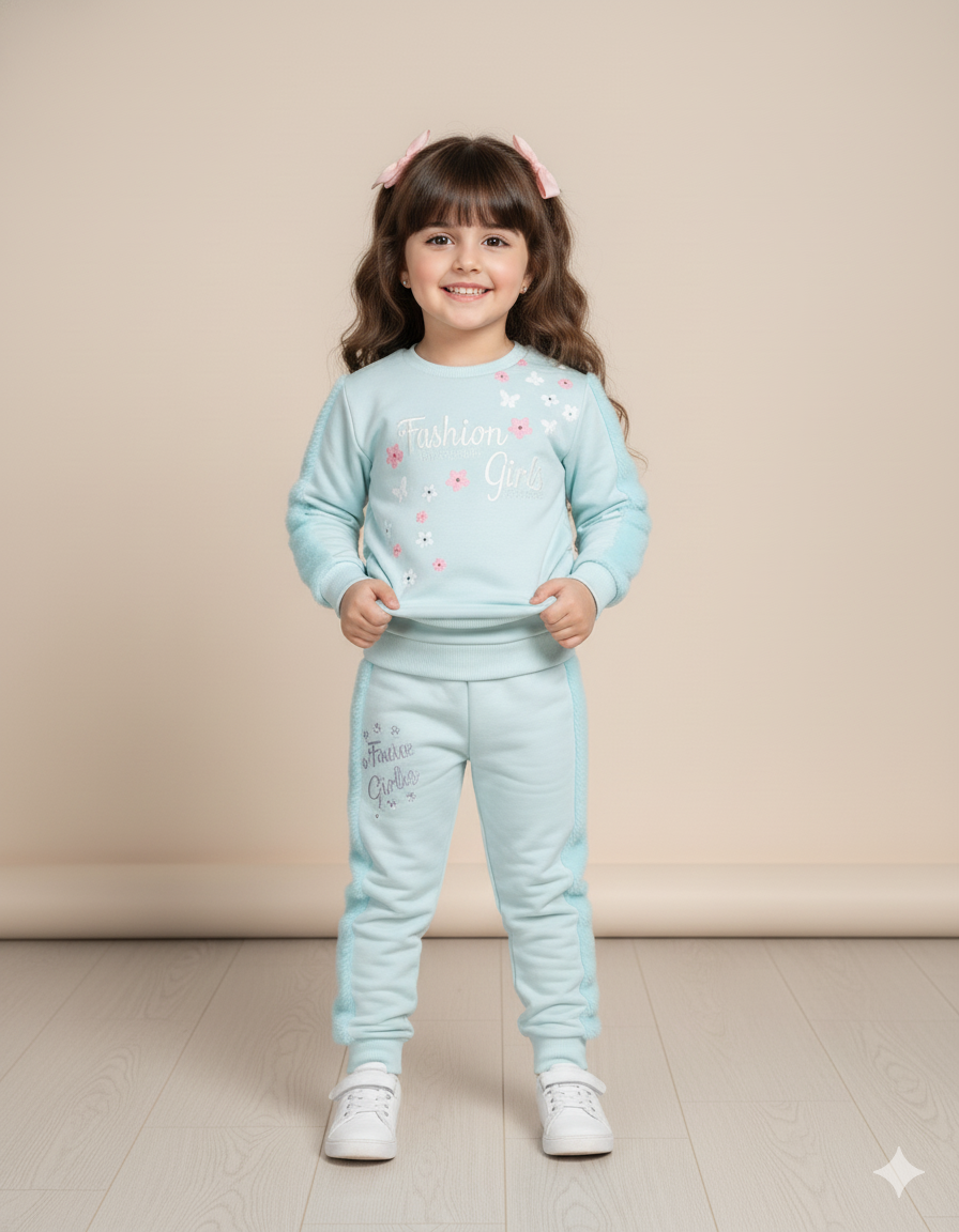 Sky Blue Two-Piece Outfit with 3D Floral Embroidery & Soft Fur Detailing