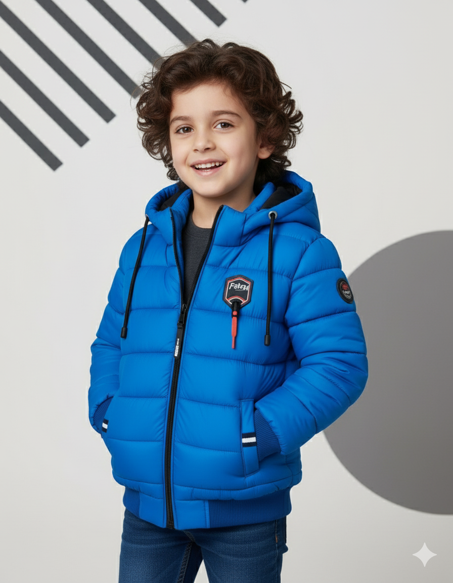 Boys Blue Winter Puffer Jacket with Hood | Warm Quilted Coat for Kids