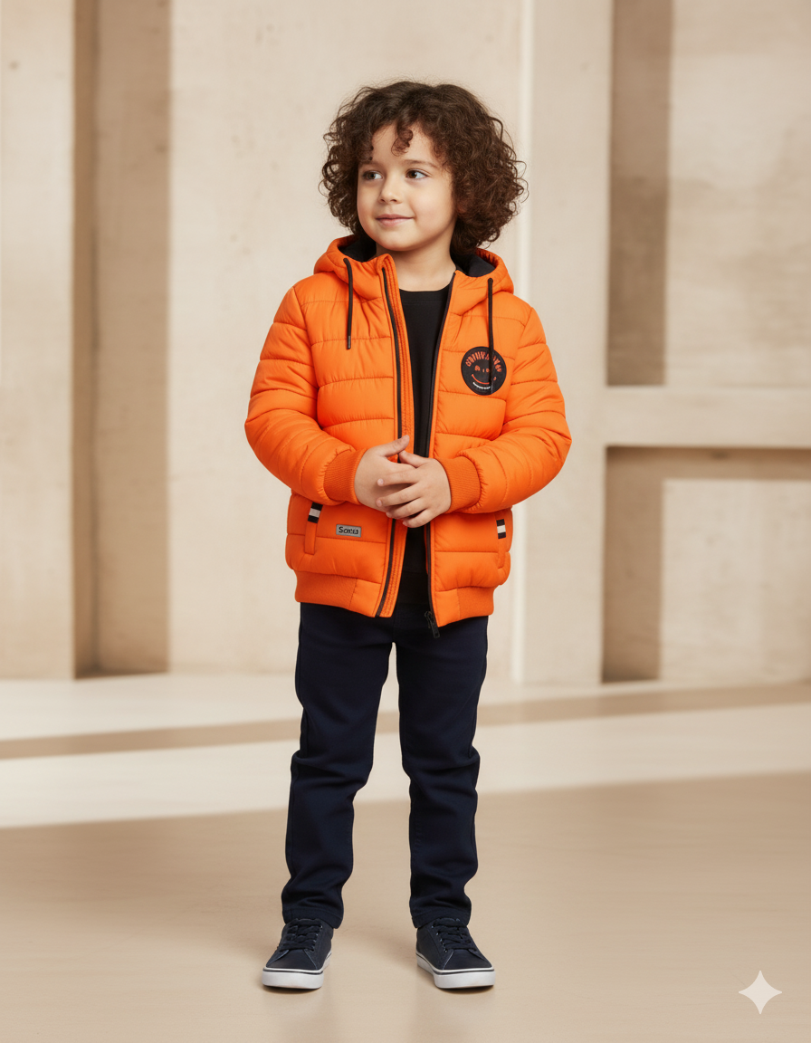 Boys Orange Winter waterproof Puffer Jacket with Hood | Warm Quilted Coat for Kids