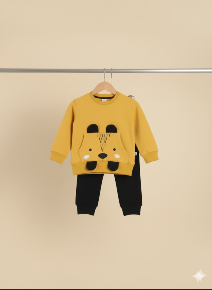 Cute Bear Design Winter Tracksuit for Kids | Mustard Yellow Sweatshirt & Black Set