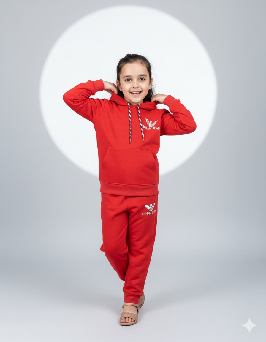 Kids Red Armani Hoodie & Jogger Set | Winter Tracksuit for Boys & Girls