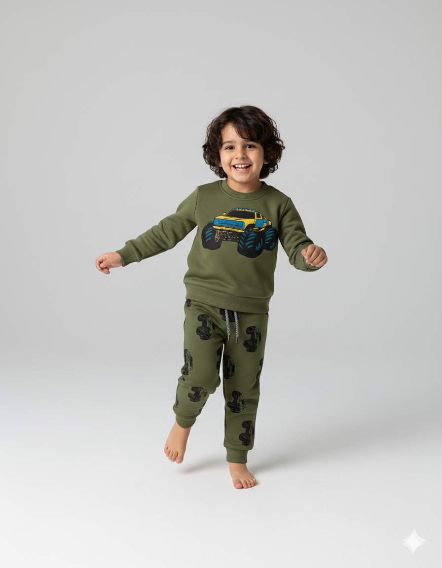 Boys Green Monster Truck Tracksuit | Printed Sweatshirt and pant Set | Winter Outfit