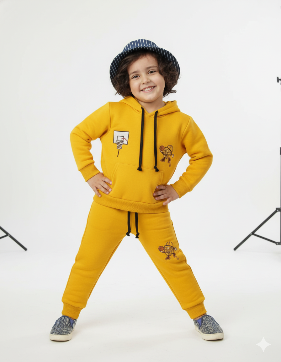 Boys Yellow Basketball Hoodie Tracksuit | Winter Fleece Hooded Sweatshirt Set