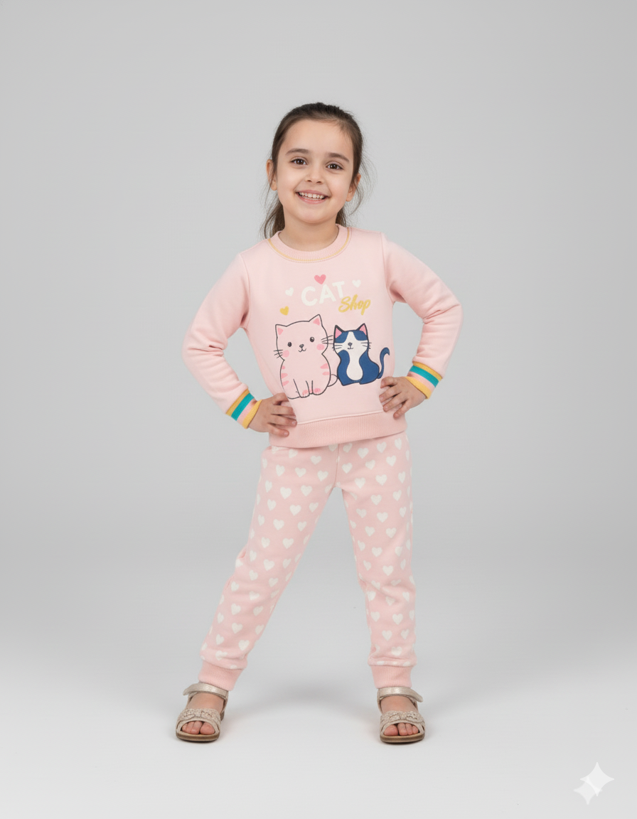 Girls Cat Print Winter Tracksuit