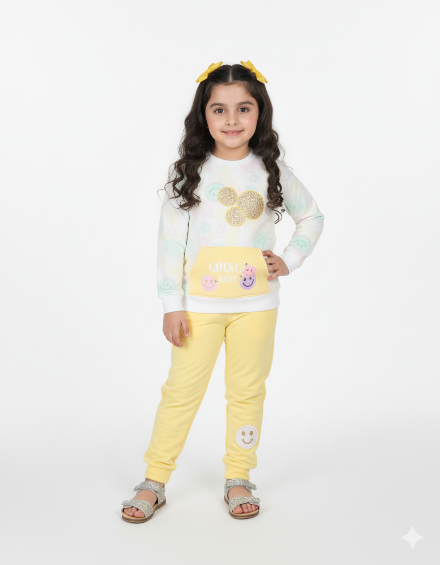 Cute Smiley Winter Tracksuit for Girls | Yellow & White Fleece Set with Glitter Design