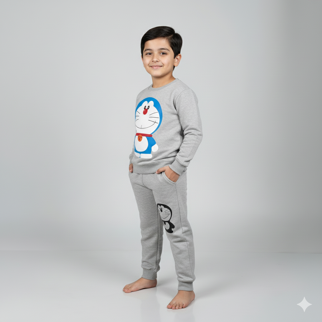 Doraemon Printed Grey Winter Tracksuit for Kids – Soft Fleece Sweatshirt & grey pant