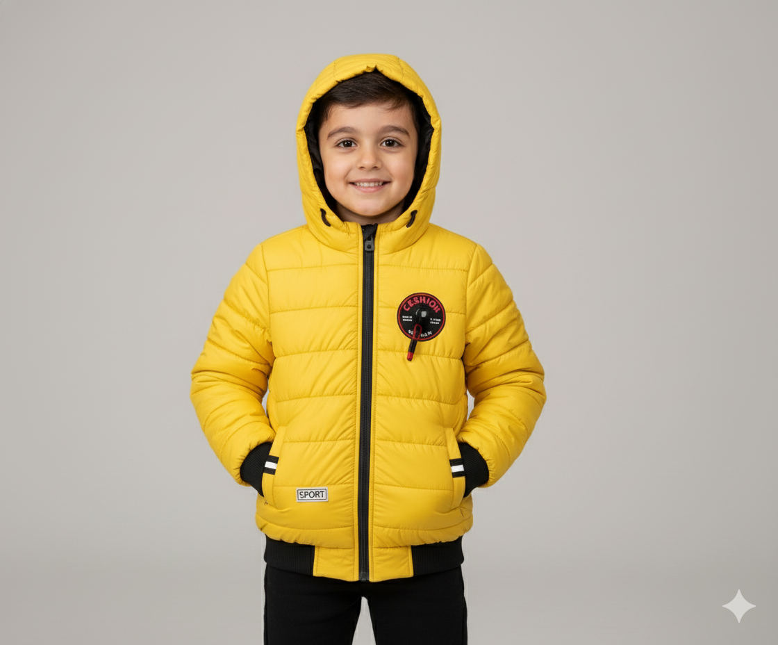 Boys Yellow Winter Puffer Jacket with Hood – Warm & Lightweight Quilted Coat for Kids
