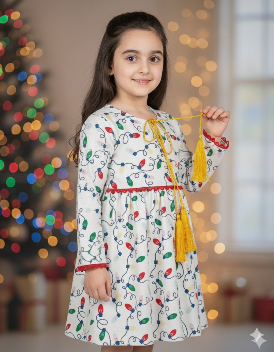 Girls White Printed Frock | Colorful Light Bulb Design Dress with Yellow Tassels