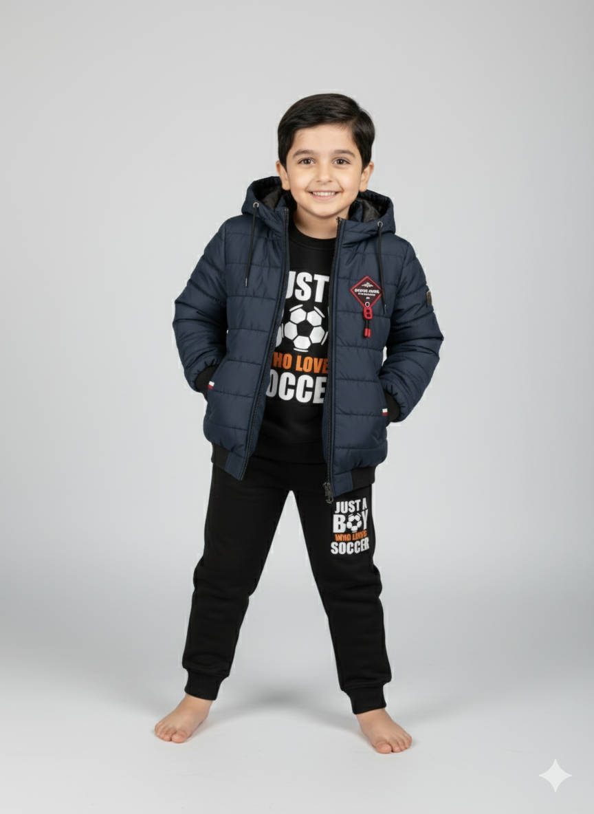 Boys Navy Blue Winter Puffer Jacket with Hood | Warm Quilted Coat for Kids