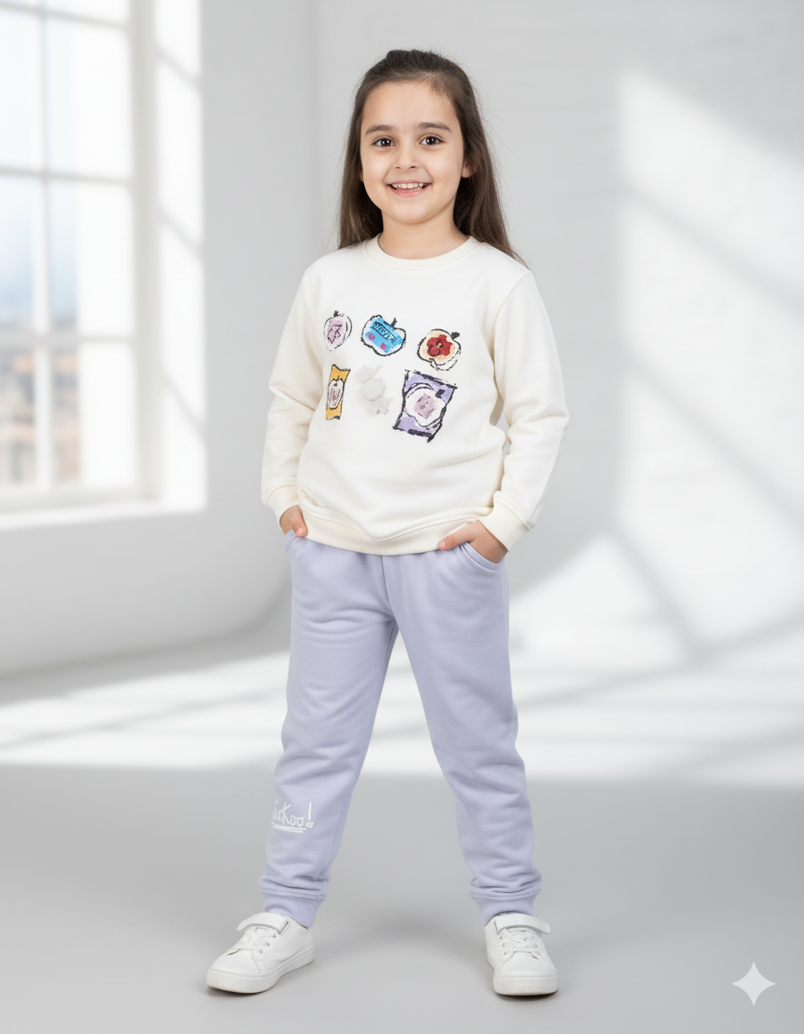 Cute Snacks Print Baby Girl Winter Tracksuit – Cream & Lavender Two-Piece Outfit