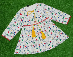 Girls White Printed Frock | Colorful Light Bulb Design Dress with Yellow Tassels