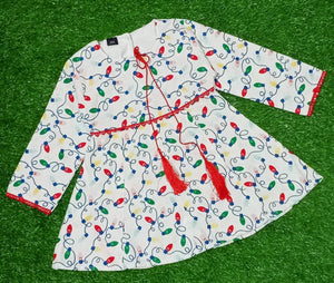Girls White Printed Frock | Colorful Light Bulb Design Party & Casual Dress