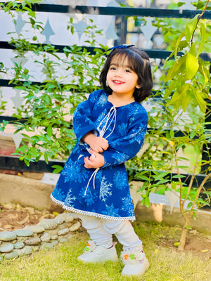 Blue Flannel Winter Trendy Fashion Flower Frock