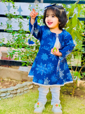 Blue Flannel Winter Trendy Fashion Flower Frock