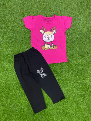 Dark Pink Cartoon T-Shirt & Trouser Summer Duo Premium pair for Girls