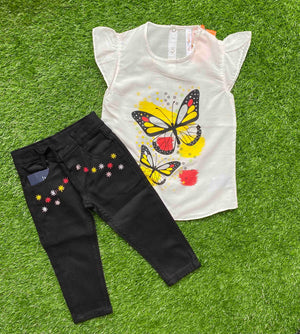 Butterfly Bliss - White Top for Girls Paired Black Jeans