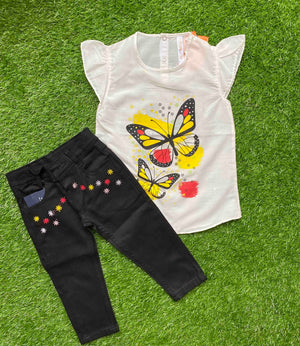 Butterfly Bliss - White Top for Girls Paired Black Jeans