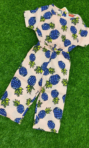Mild White and Blue Pineapple Girls Jumpsuit