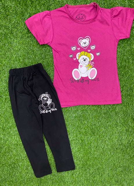 Magenta Girls Summer shirt and tight Teddy with all my hearts