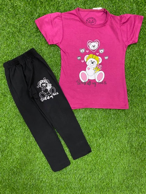 Magenta Girls Summer shirt and tight Teddy with all my hearts