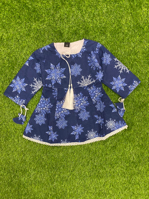 Blue Flannel Winter Trendy Fashion Flower Frock