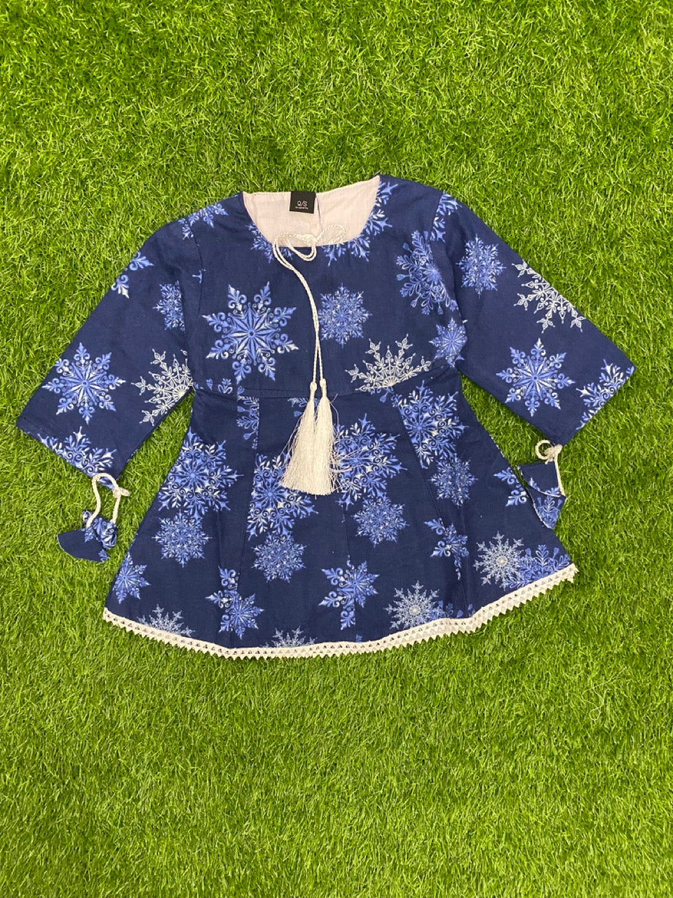 Blue Flannel Winter Trendy Fashion Flower Frock