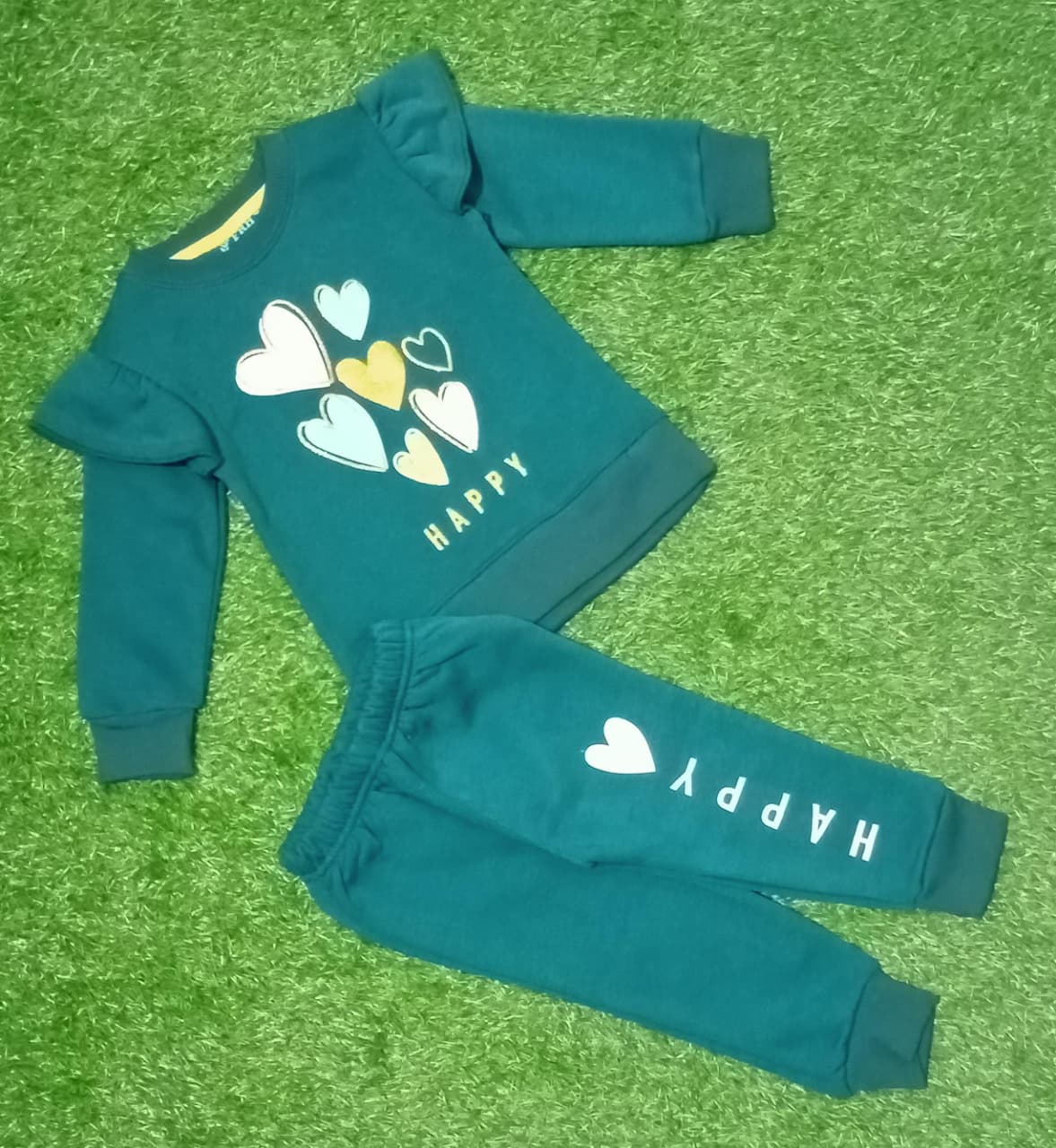 Kids Teal Sweatshirt & Jogger Set | Heart Print “Happy” Winter Outfit for Girls