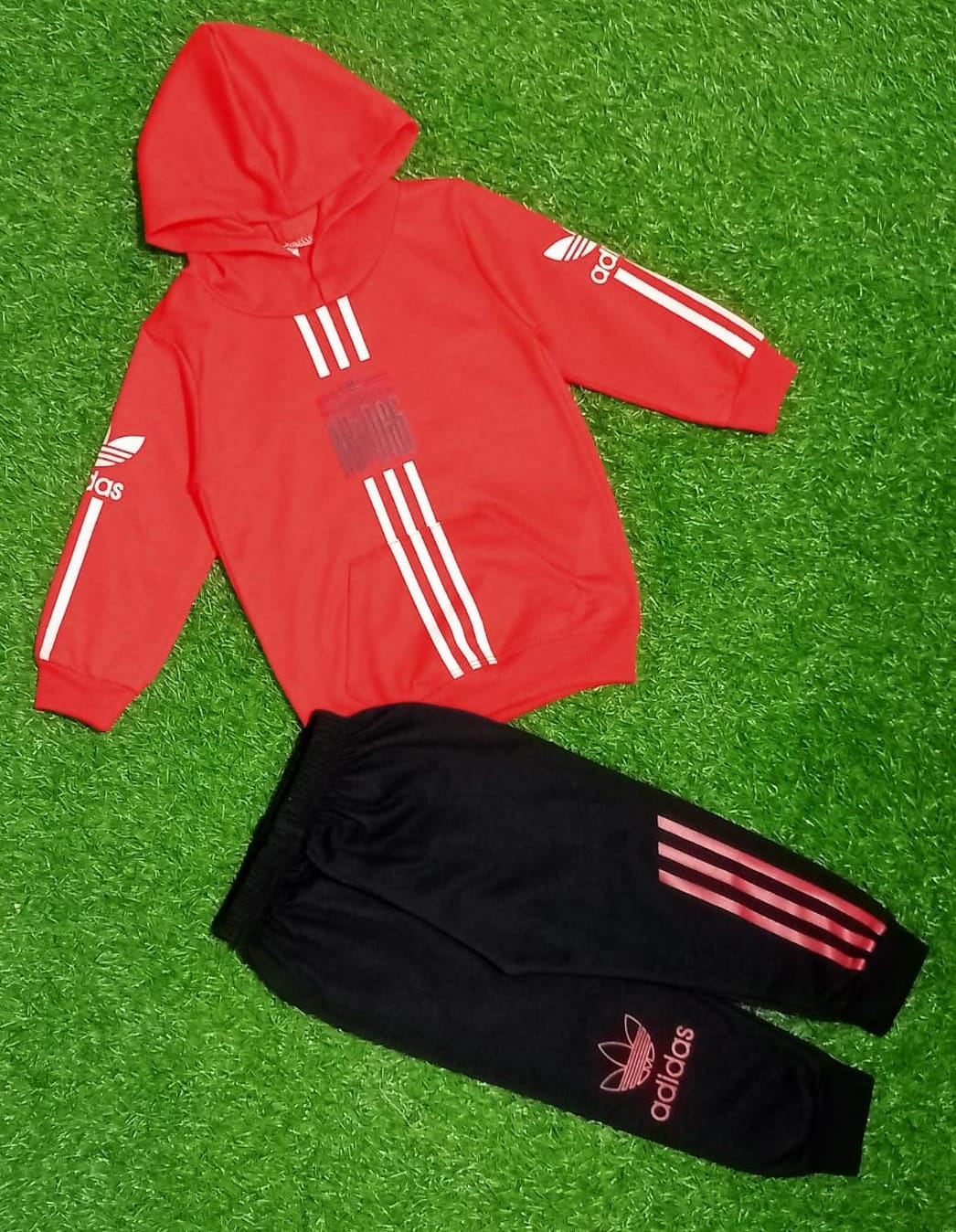 Red & Black Kids Tracksuit with Hoodie – Adidas Style Sportswear for Boys & Girls