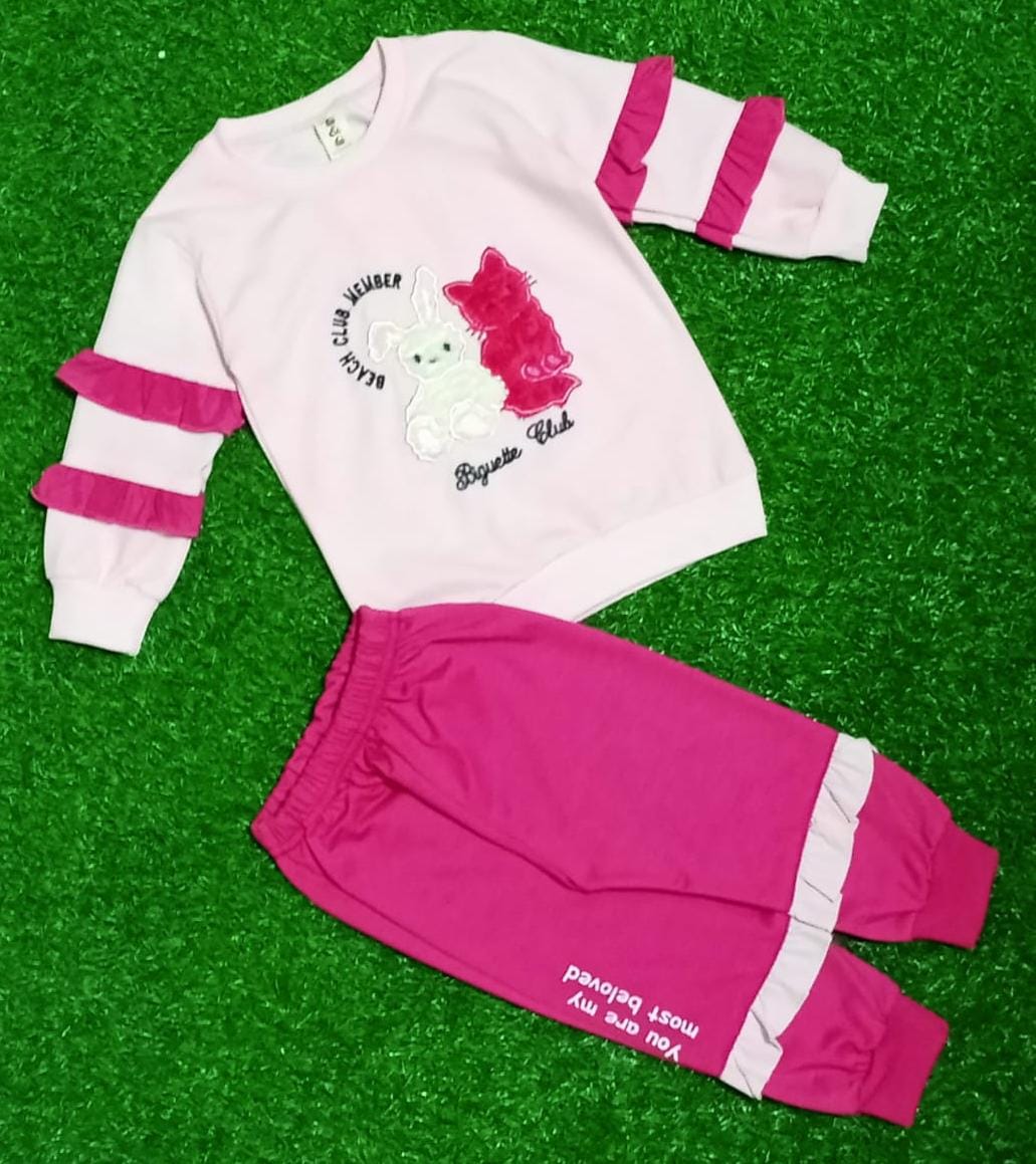 Cute Pink Outfit with Bunny & Cat Design | Girls Winter fancy trendy pre-winter Set