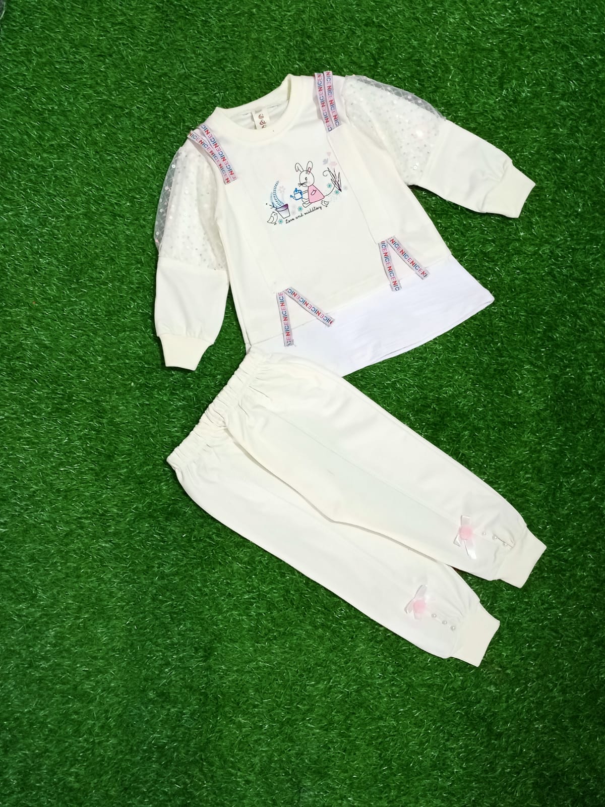 Girls White Fancy Pre-Winter Trendy Set | Cute Bunny Print Outfit with Stylish