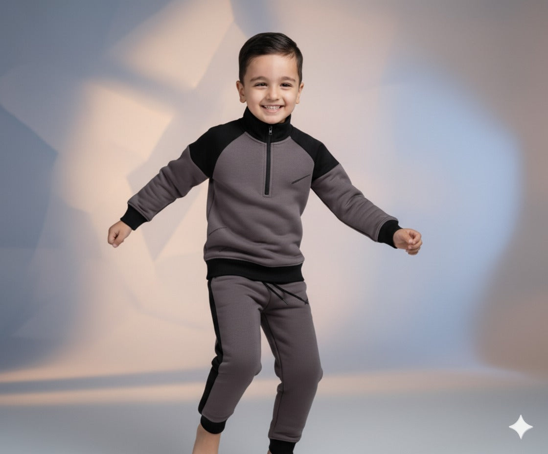 Boys Grey & Black Half-Zip Tracksuit | Stylish Winter Outfit