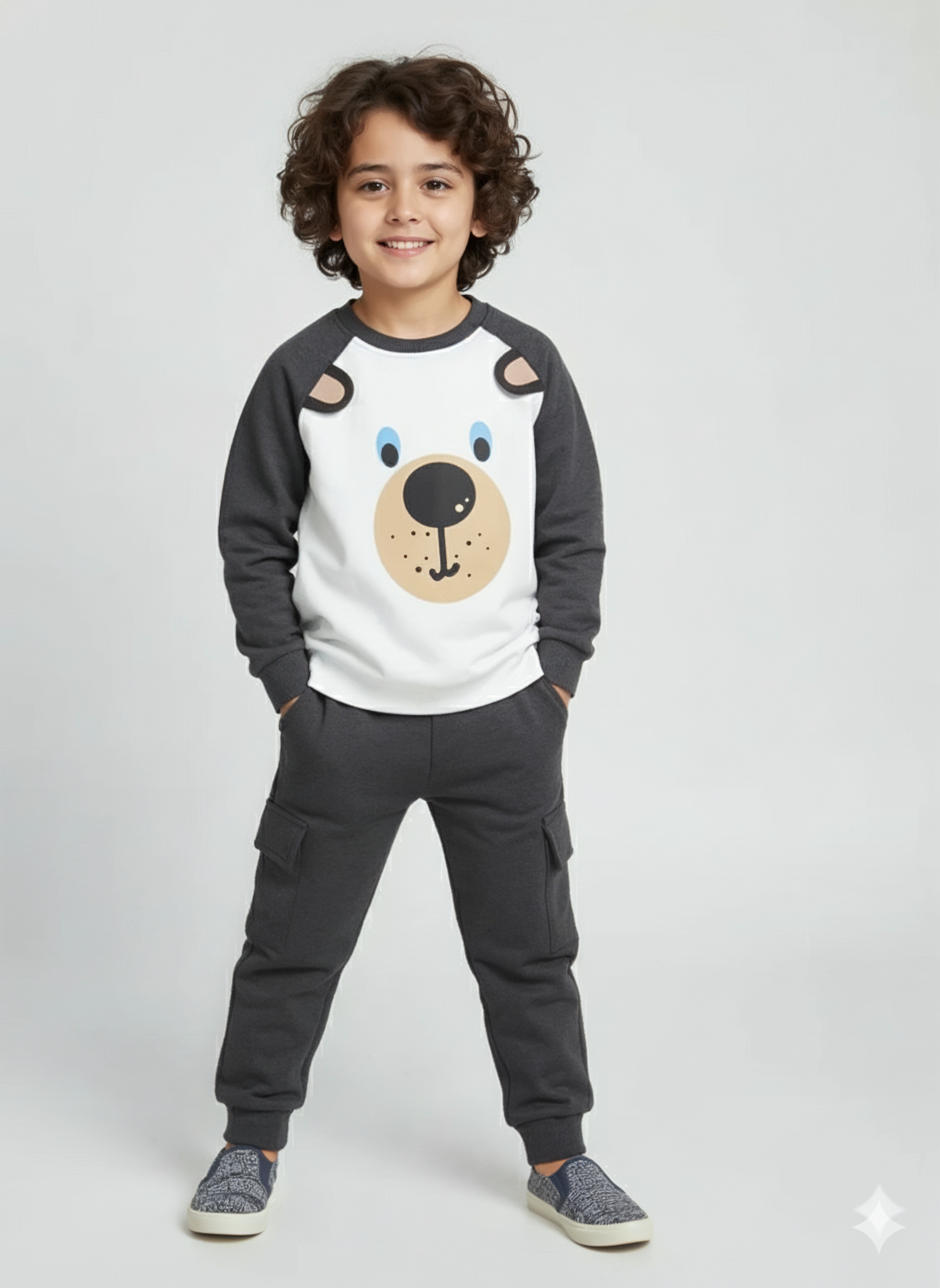 Boys' Bear Ears Fleece Tracksuit - New Arrival with Cargo Pockets