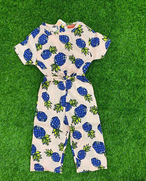 Mild White and Blue Pineapple Girls Jumpsuit