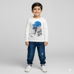Boys White Long Sleeve T-Shirt & Denim trendy Pant Set