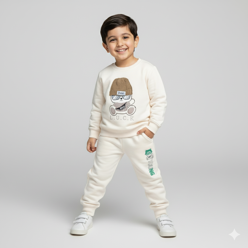 Cute Beige Teddy Bear Winter Tracksuit for Kids | Cozy Fleece Sweatshirt and pant Set