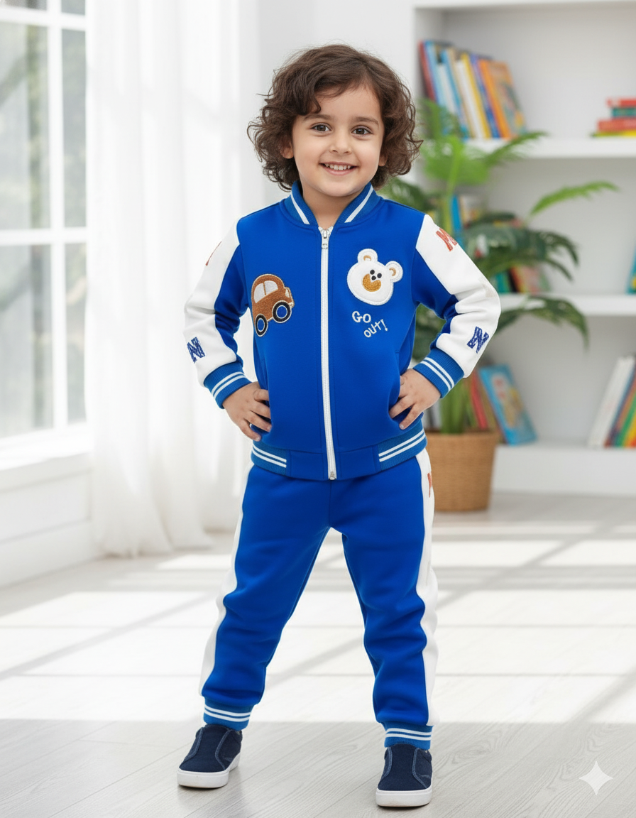 trendy Blue Car & Bear Tracksuit for Boys | Winter Fleece Zipper Jacket Set