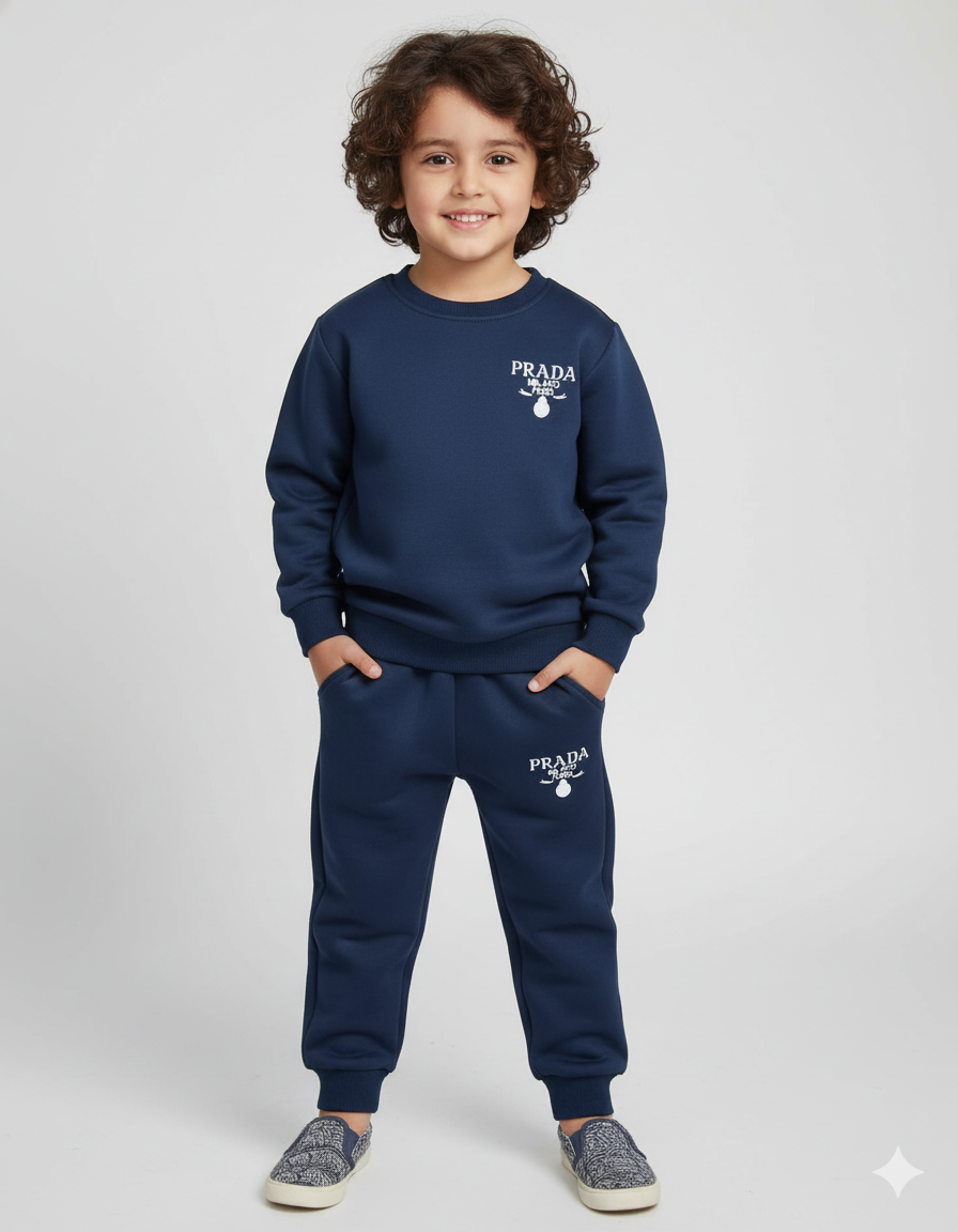 Navy Blue “Prada Milano” Winter Tracksuit for Boys | Premium Fleece Sweatshirt Set
