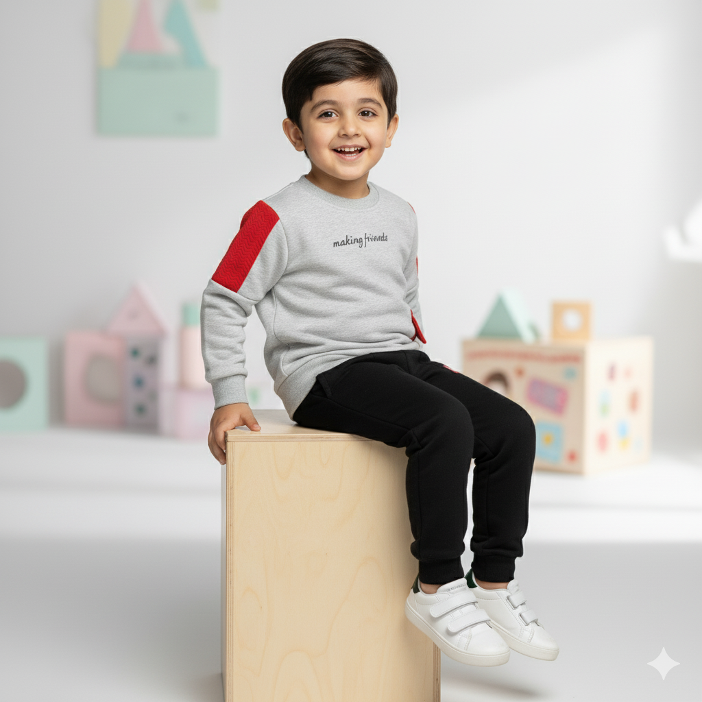 Grey & Black Fleece Sweatshirt and Set | Winter Tracksuit for Boys