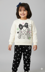 Girls Outfit for Winter Sweatshirt & Jogger Set | Pretty Girl Print White Sweatshirt with Black Snowflake Pants
