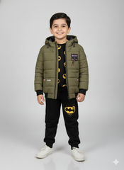Boys Olive Green Winter Puffer Jacket with Hood| Warm & Stylish Quilted Coat for Kids