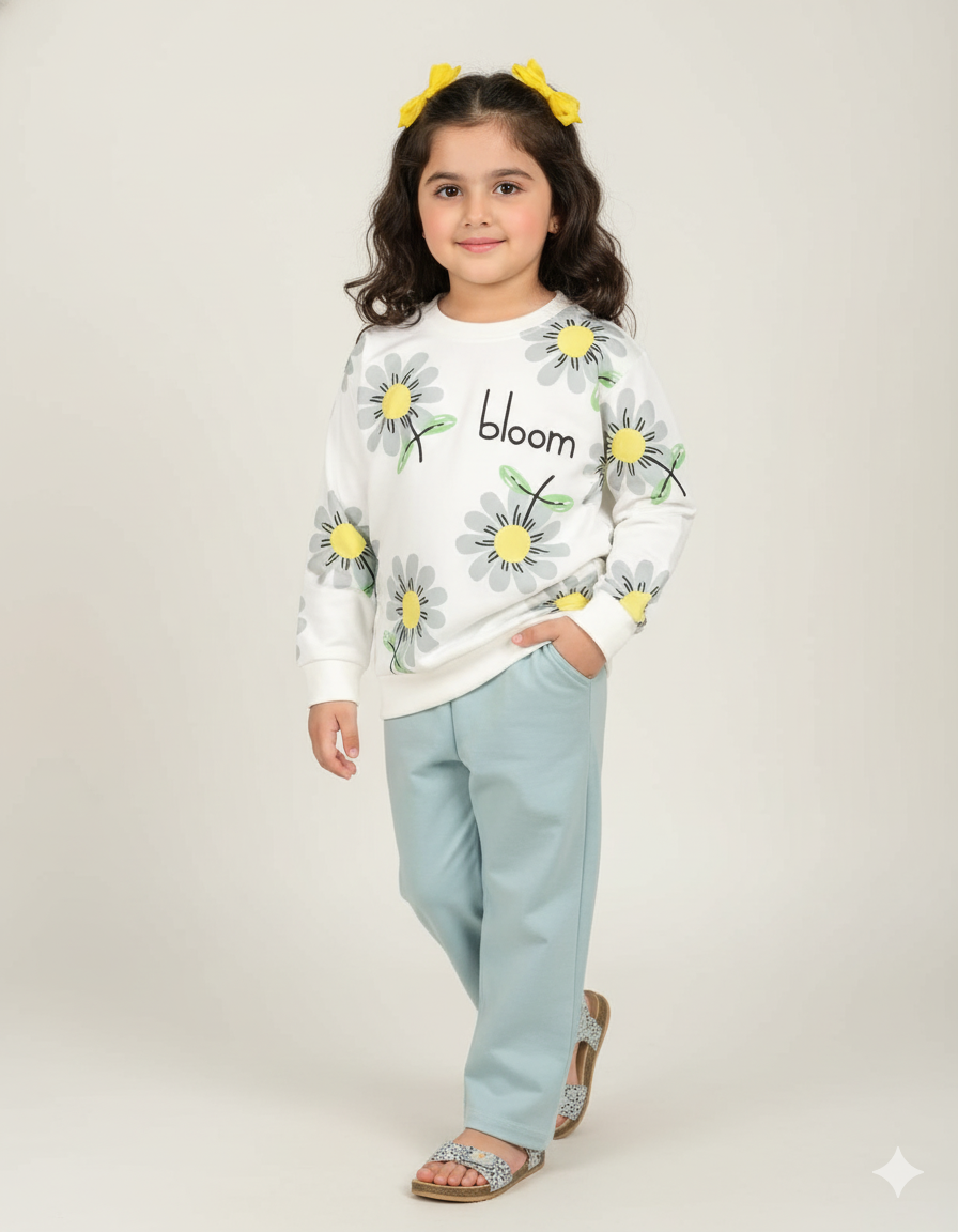 Bloom Daisy Print Sweatshirt & Pant Set for Girls | Soft Cotton Winter Outfit
