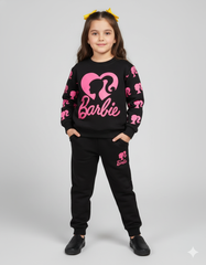 Girls Black Barbie Winter Tracksuit | Stylish Printed Sweatshirt & Trouser Set