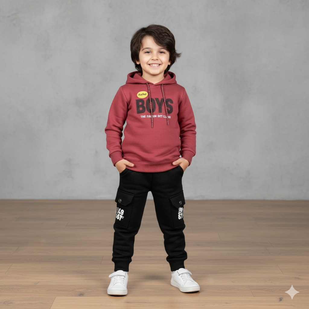 Winter Hoodie Maroon Sweatshirt with Black Pocket Pants | Warm Fleece Tracksuit for Boys